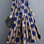 A-Line Long Sleeves Buttoned Pleated Polka-Dot Split-Joint Stand Collar Maxi Dresses Shirt Dress