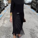 Jollie Knit Long Sleeve Front Slit Midi Sweater and Pleated Tulle Stretch Tank Midi Dress Two-piece Set