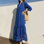 A-Line Long Sleeves Hollow Pleated Solid Color Split-Joint V-Neck Maxi Dresses