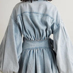 Yaron Denim Button Twisted Shape Wrap Long Balloon Sleeve Shirt Mini Dress