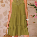 A-Line Loose Hollow Pleated Solid Color Split-Joint Round-Neck Mini Dresses