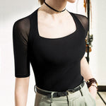 Simple Solid Color Square-Neck Half Sleeves Shirt