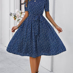 A-Line Elasticated Waist Contrast Color Polka Dot Split-Joint Tied Waist Round-Neck Midi Dresses
