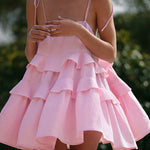 High Waisted Loose Backless Layered Pleated Solid Color Tied Spaghetti-Neck Mini Dresses