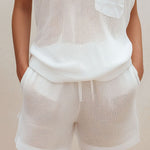 Quiet Luxury Ivory Knit Sleeveless V-Neck Top & Drawstring Shorts Set