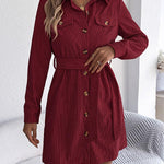 Elasticated Waist Long Sleeves Belted Buttoned Single-Breasted Solid Color Lapel Collar Mini Dresses Shirt Dress