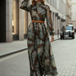 Balloon Sleeves Long Sleeves Big Hemline Contrast Color Pleated Print Zipper Stand Collar Maxi Dresses