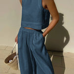 Solid Color Round-Neck Sleeveless Vest + Elasticity Wide Leg Pants Two Pieces Set