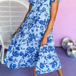 Sky Blue Floral Print Tiered Flutter Sleeve Maxi Dress