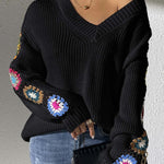 Black Crochet Flower Splicing V-Neck Pullover Sweater