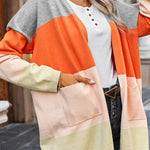 Contrasting rainbow paneled striped long cardigan sweater with pockets