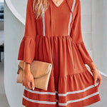 Flared Sleeves High Waisted Pleated Split-Joint V-Neck Mini Dresses