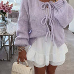 Stylish Solid Color Crew Neck Lace-up Sweater
