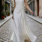 Sleeveless Gauze Pleated Solid Color Split-Joint Round-Neck Evening Dresses Maxi Dresses