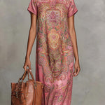 Loose Short Sleeves Contrast Color Flower Print Mock Neck Maxi Dresses