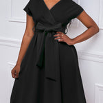 Bowknot Lace-Up Solid Color V-Neck Midi Dresses