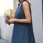 Sleeveless Bowknot Split-Joint Striped V-Neck Mini Dresses Shirt Dress