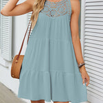 A-Line Loose Hollow Pleated Solid Color Split-Joint Round-Neck Mini Dresses