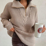 Zipper Lapel Twist Loose Solid Color Knitted Sweater