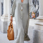 Solid Linen Blend Casual V Neck Balloon Sleeve Maxi Dress