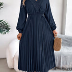 Elasticated Waist High Waisted Pleated Solid Color V-Neck Midi Dresses