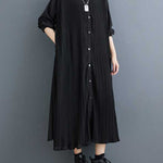 A-Line Long Sleeves Buttoned Pleated Pockets Split-Joint Lapel Midi Dresses Shirt Dress