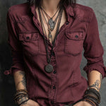 Retro Flap Chest Pocket Long-sleeved Denim Blouse