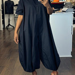 Half Sleeves Loose Buttoned Elasticity Pockets Solid Color Lapel Jumpsuits