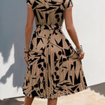High Waisted Sleeveless Abstract Printed Contrast Color Pleated Polka-Dot Split-Joint Tied Waist Round-Neck Midi Dresses