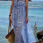 Sunday Blues Irregular Lines Print Suspender Vacation Loose Maxi Dress