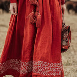Western-style Vintage Embroidered Red Cotton And Linen Maxi Dress