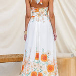 Sunflower Print Halter Backless Waist Tiered Maxi Dress