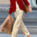 Solid Color V-neck Long-sleeved Loose Pocket Knit Cardigan
