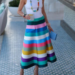 A-Line Loose Belted Contrast Color Split-Joint Striped Skirts Bottoms