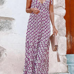 Purple Geometric Print Knotted Straps V Neck Vacation Dress