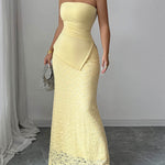 Bodycon Irregularity Lacy Pleated Solid Color Split-Joint Tube Maxi Dresses