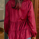 Burgundy Smocked Ruffle Tiered Button-up Shirt