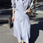 Long Sleeves Loose Asymmetric Solid Color Lapel Shirt Dress