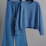 Urban Loose Long Sleeves Solid Color Round-Neck High-Low Sweater Tops & Wide Leg Pants Suits