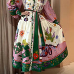Retro French court style pleated maxi print dress