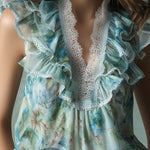 Retro Soft Blue Floral Chiffon Lace-Trim Sleeveless Blouse