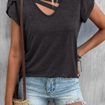 Solid Color Casual Cutout Neck T Shirt