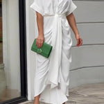 Elasticated Waist High Waisted Buttoned Pleated Solid Color Split-Joint Tied Waist Lapel Maxi Dresses Shirt Dress