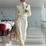 Women's Casual Ribbed Black Trim Zipper Half Turtleneck Sports Set