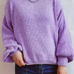 Solid Color Casual Round Neck Lantern Sleeve Short Knitted Sweater