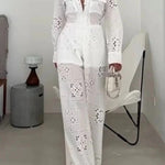 Vivi Embroidered Lace Cutout Long Sleeve Pocket Elastic Waist Loose Shirt Jumpsuit