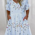 A-Line High Waisted Contrast Color Pleated Pockets Printed Split-Joint V-Neck Midi Dresses