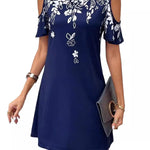 A-Line Loose Flower Print Hollow Cold Shoulder Mini Dresses