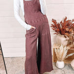 Red Textured Shoulder Straps Pocketed Overalls