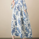Loose Short Sleeves Floral Printed Pleated Split-Joint Round-Neck Midi Dresses